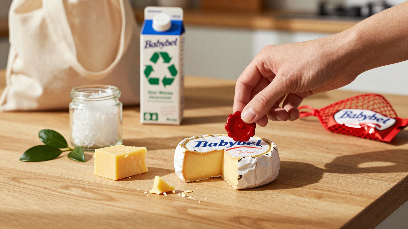 Mão a retirar selo vermelho de queijo Babybel cortado, com pedaços de queijo e embalagem sobre mesa de madeira.