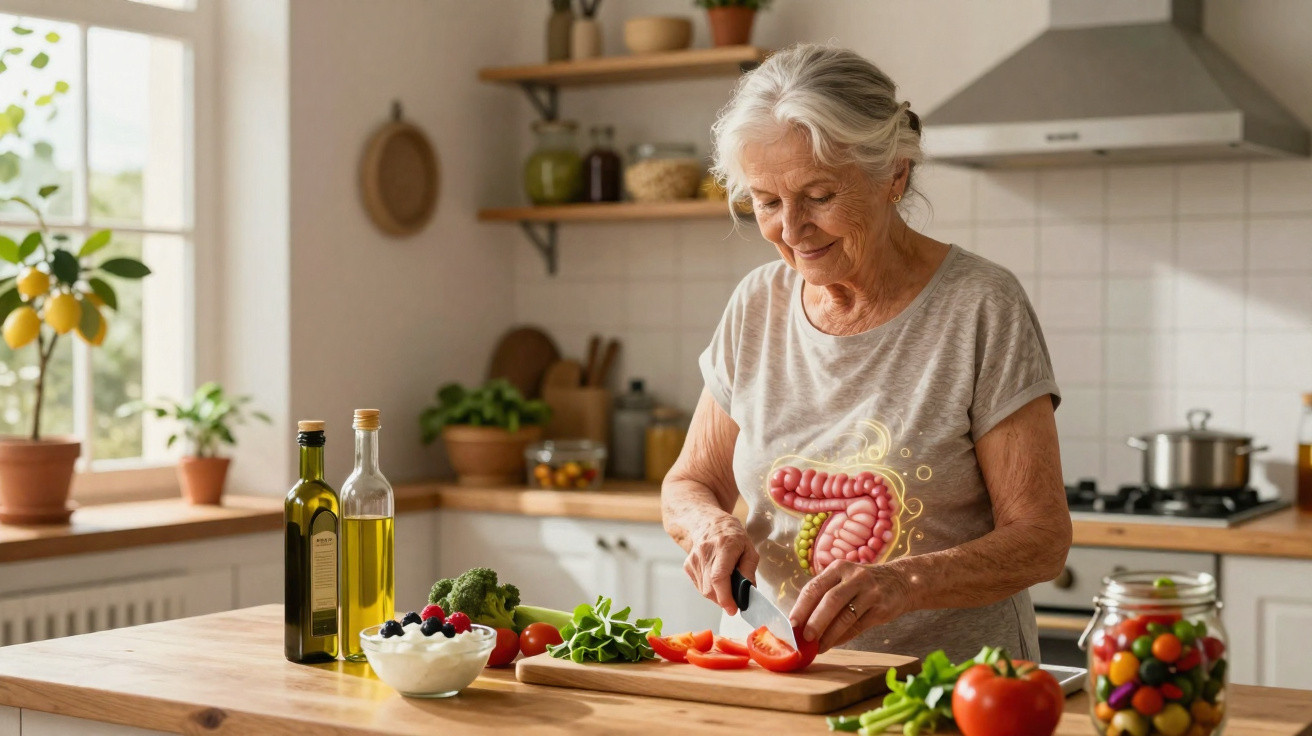 Idosa a cortar tomate na cozinha, com ilustração do sistema digestivo no seu peito.