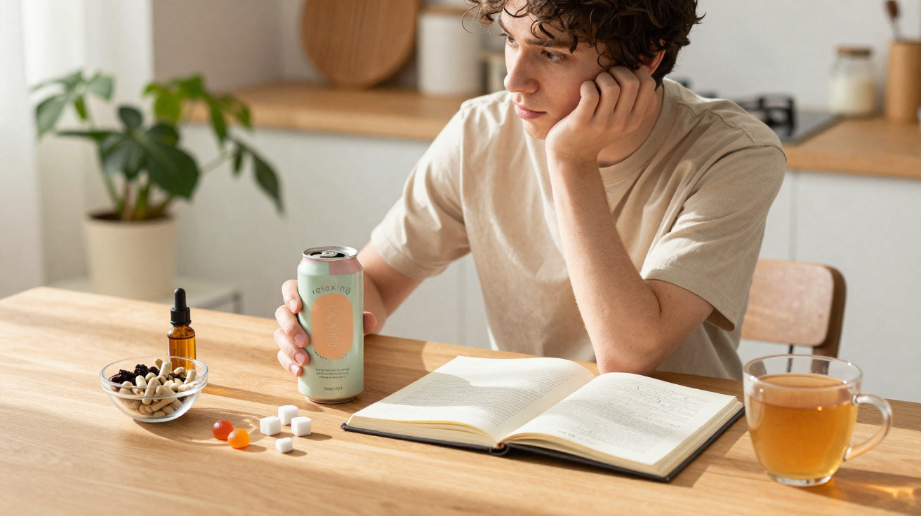 Homem jovem sentado numa mesa com bebidas, suplementos e livro aberto, a olhar para longe pensativo.
