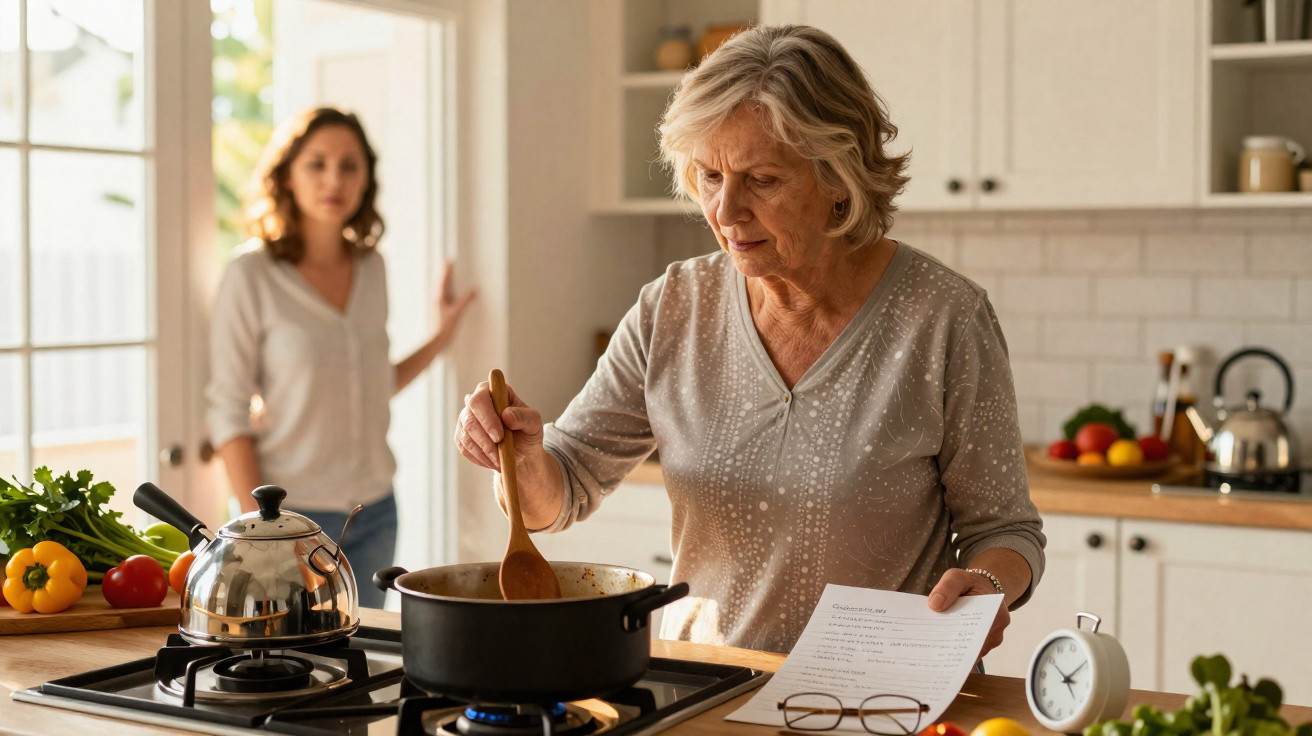 Senhora idosa a cozinhar no fogão enquanto segue uma receita, com mulher mais jovem ao fundo na cozinha.