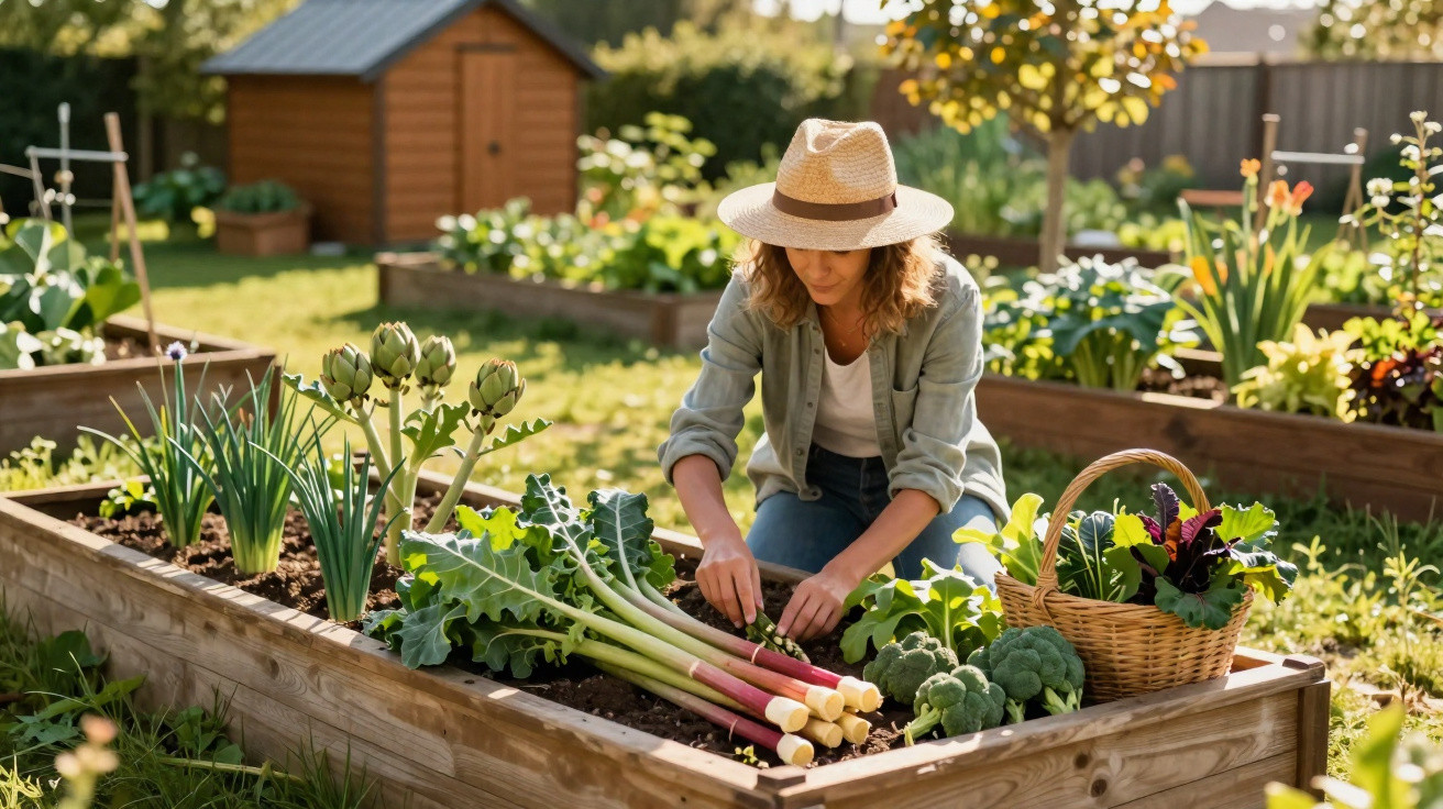 Mulher com chapéu a colher legumes num canteiro elevado num jardim ensolarado com cesta de vegetais.