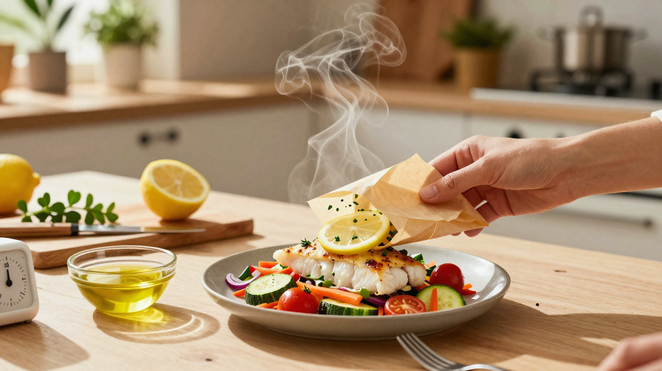 Prato com peixe grelhado, legumes frescos e limão, com vapor a sair, mãos a colocar tempero em cozinha.