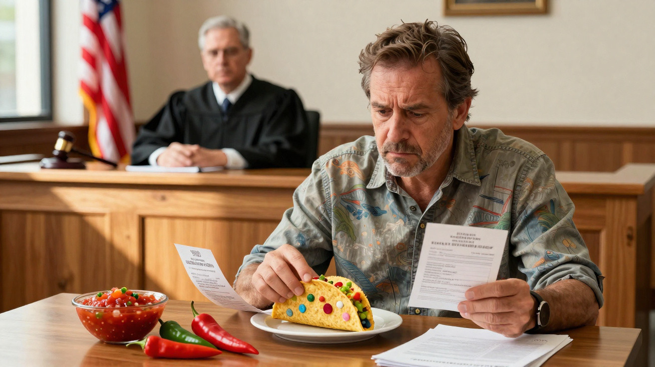 Homem sentado numa sala de tribunal com um taco cheio de doces e papéis na mão, juiz ao fundo.