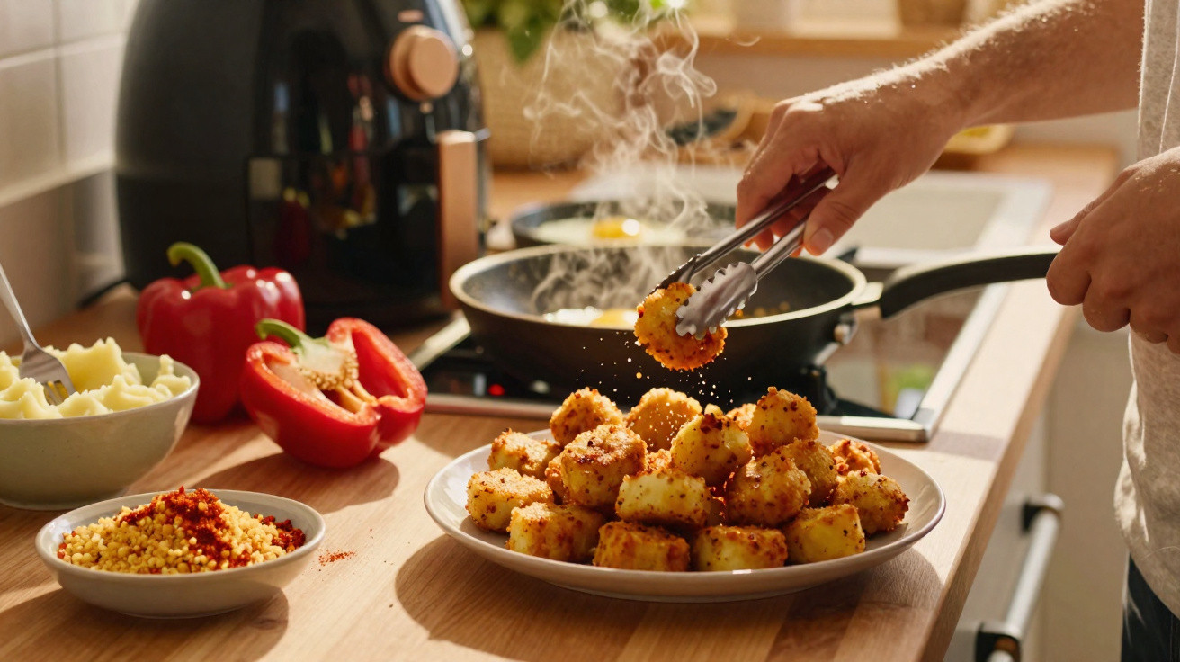 Pessoa a servir croquetes dourados numa cozinha com ingredientes frescos e ovos a fritar no fogão.