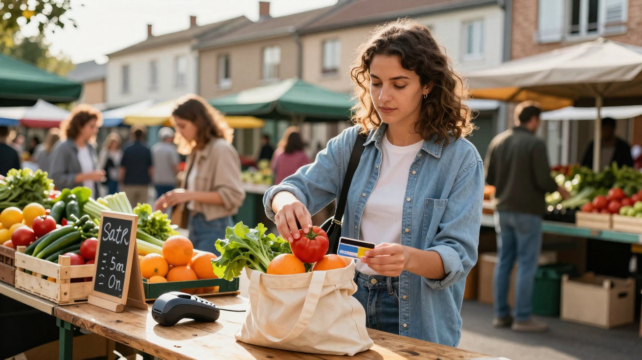 Mulher jovem a fazer compras no mercado ao ar livre, colocando tomate numa sacola reutilizável.