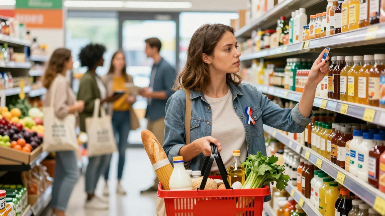 Mulher com cesto de compras escolhe bebida numa prateleira de supermercado, com frutas e outras pessoas ao fundo.