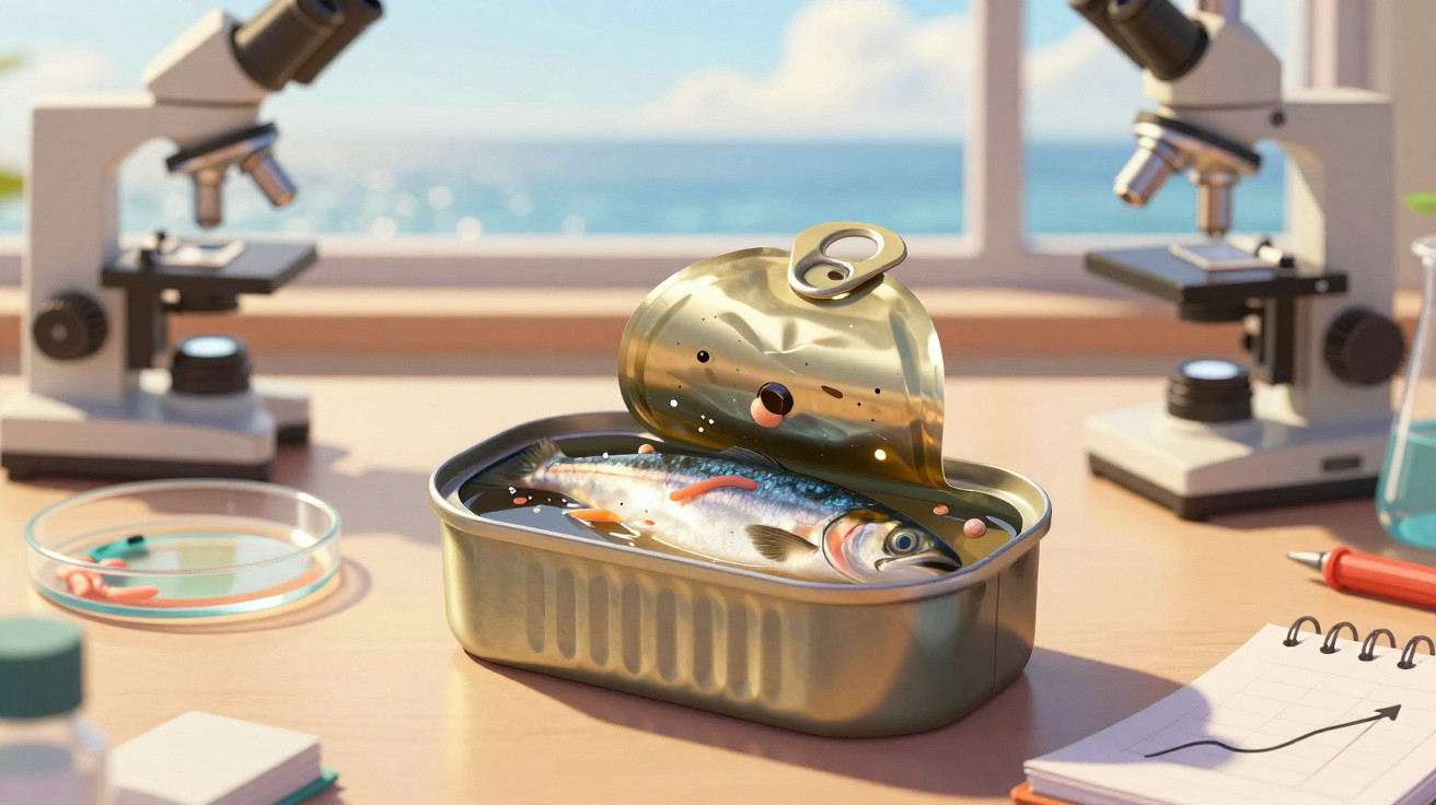 Lata de sardinha aberta com peixe fresco dentro numa mesa de laboratório com microscópios e material científico.