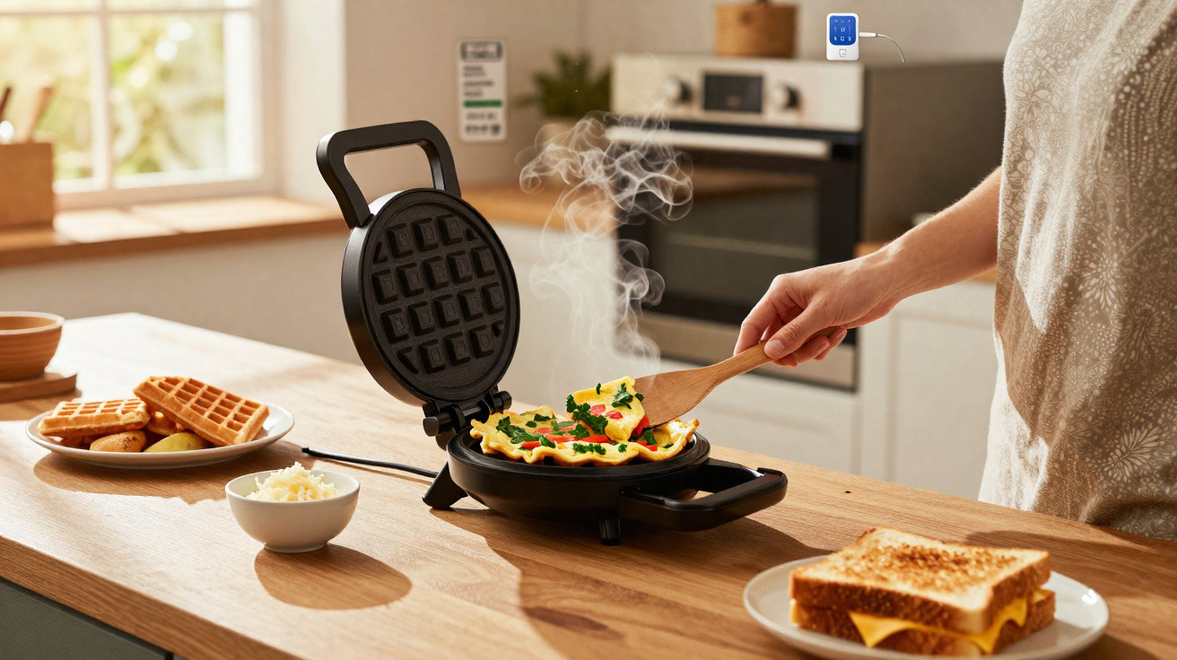 Pessoa a cozinhar omelete numa máquina de waffles numa cozinha moderna com torradas e waffles ao lado.