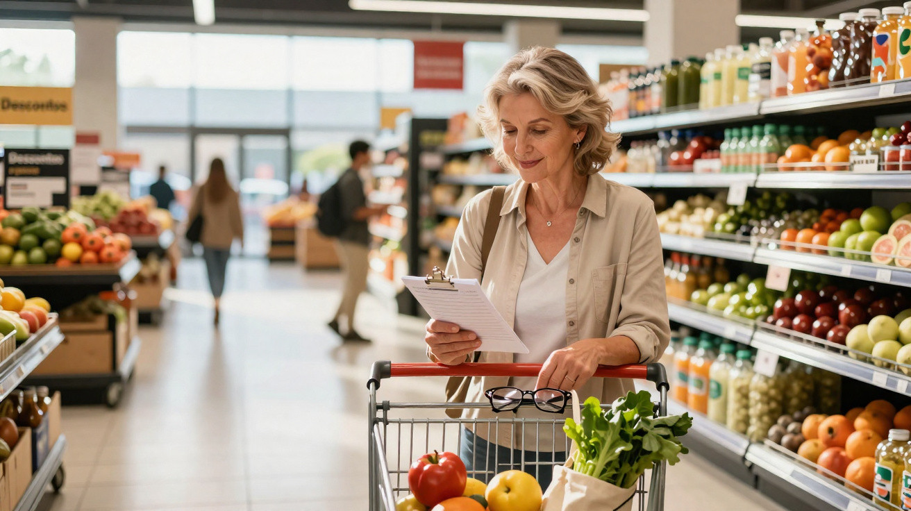 Mulher de meia-idade faz compras no supermercado com lista na mão e carrinho cheio de frutas e legumes.
