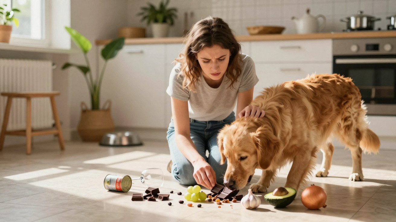 Mulher preocupada com cão a comer chocolate e alimentos perigosos no chão da cozinha.
