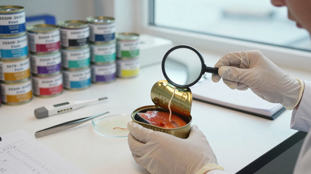 Pessoa com luvas a examinar peixe enlatado com lupa num laboratório, com latas de tinta ao fundo.
