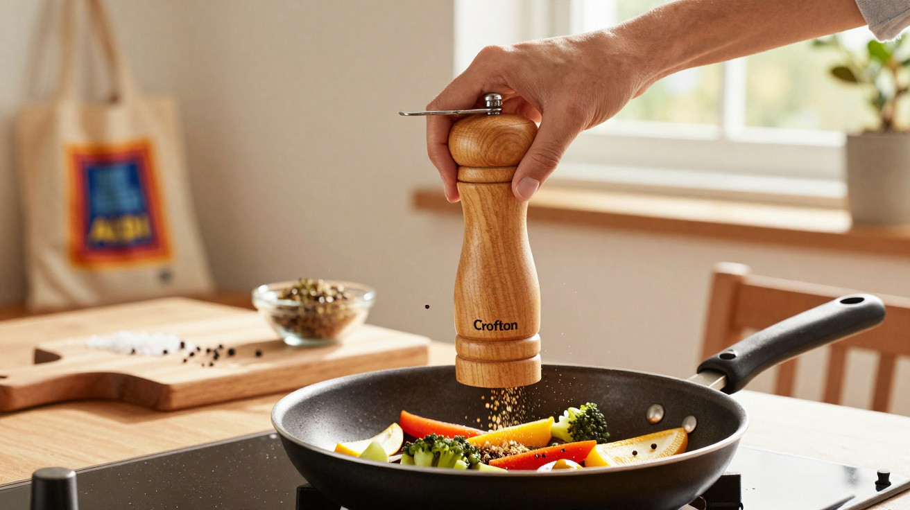 Pessoa a temperar legumes numa frigideira com um moinho de especiarias em madeira numa cozinha iluminada.