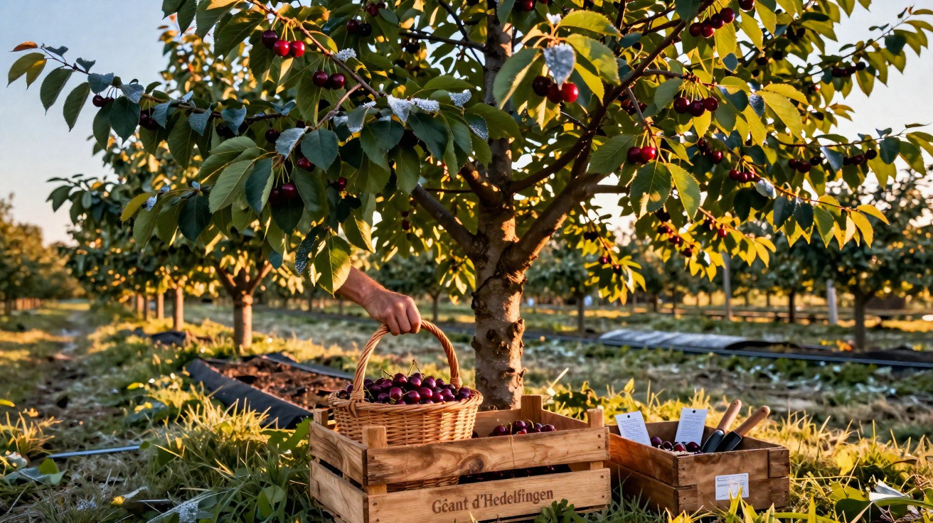 Pomar com cerejeira, cesta e caixas de madeira cheias de cerejas ao pôr do sol.