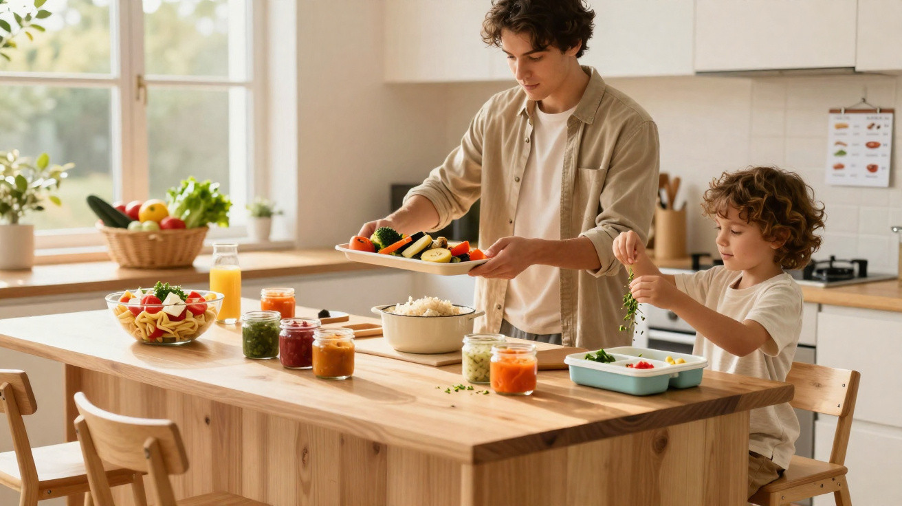 Pai e filho preparam refeição saudável com legumes e molhos numa cozinha luminosa.