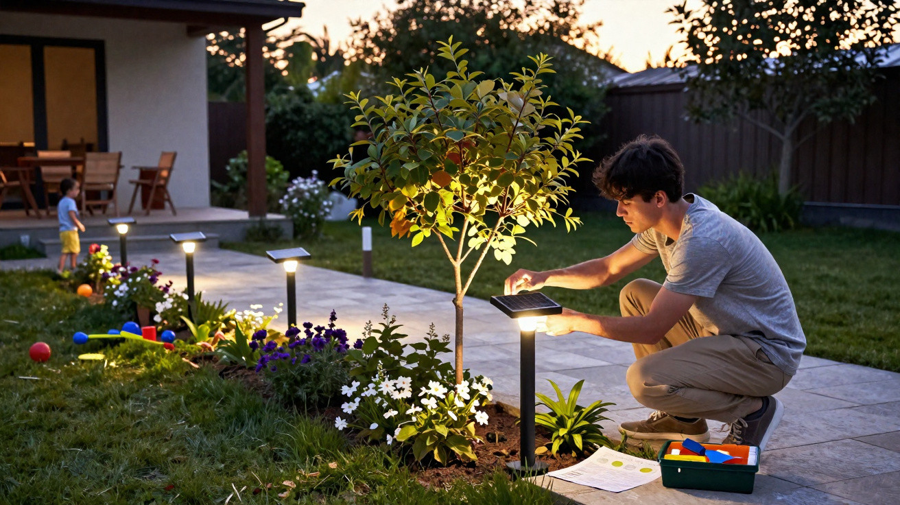 Jovem ajusta luz solar no jardim ao entardecer com criança e casa ao fundo.