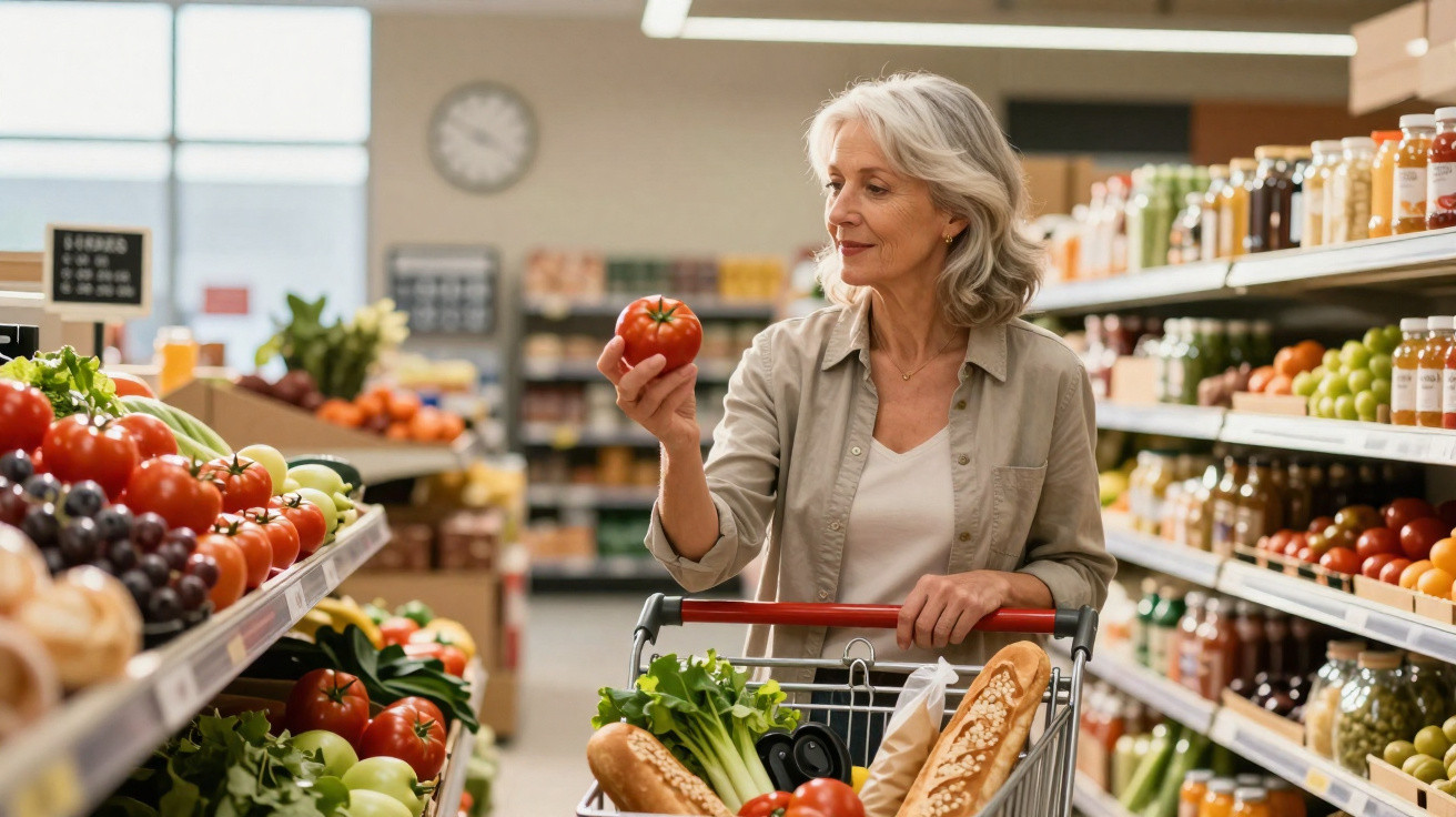 Mulher sénior a escolher tomate num supermercado, com carrinho cheio de legumes e pão.