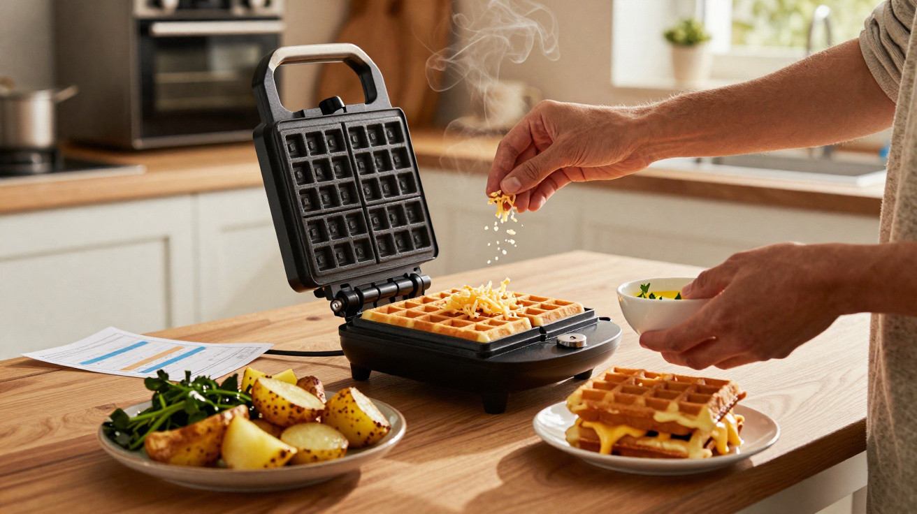 Pessoa a polvilhar queijo ralado num waffle acabado de fazer numa máquina de waffles na cozinha.