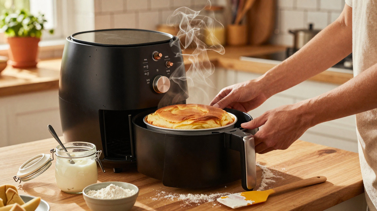Pessoa a retirar bolo quente e fumegante de uma fritadeira sem óleo numa cozinha iluminada.