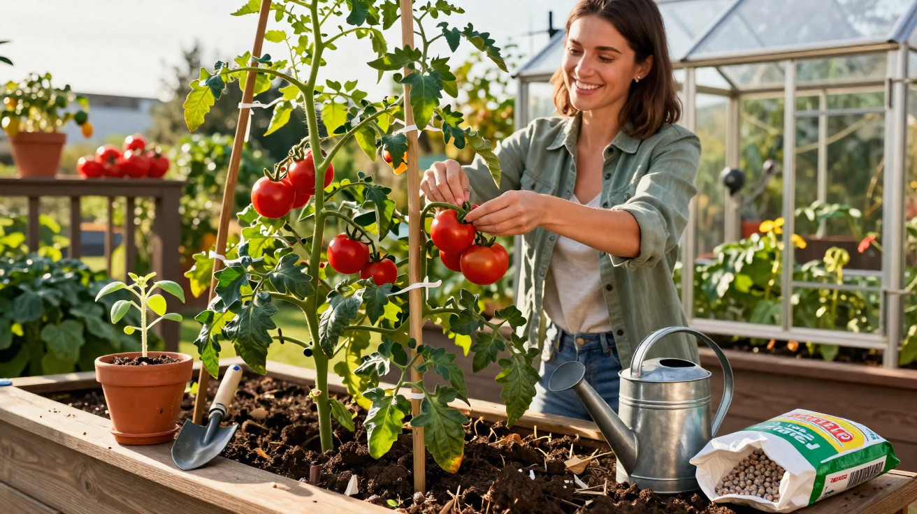 Mulher colhe tomates maduros numa horta urbana com regador, luvas e ferramentas de jardinagem.