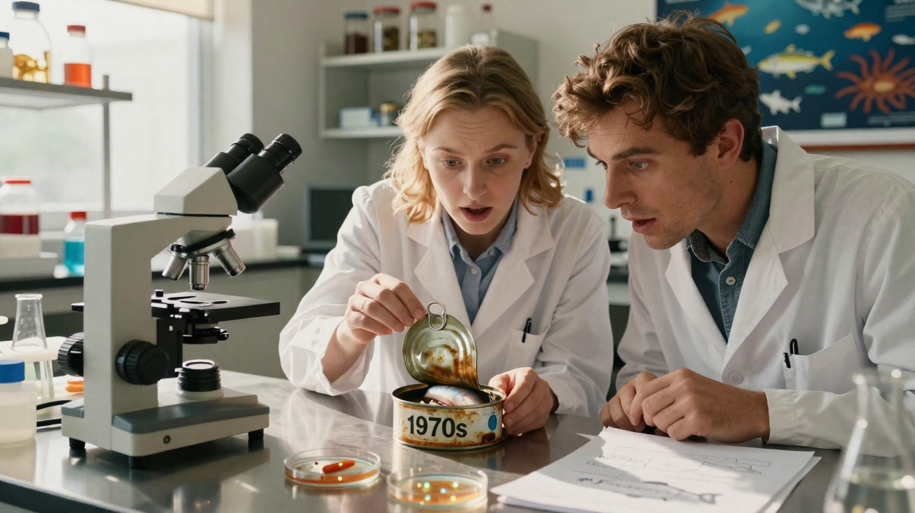 Dois cientistas em laboratório examinando uma lata de conserva rotulada com "1970s".