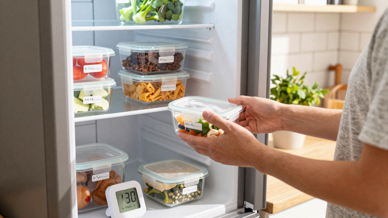 Pessoa a guardar recipiente com legumes numa geladeira organizada com alimentos em caixas plásticas transparentes.