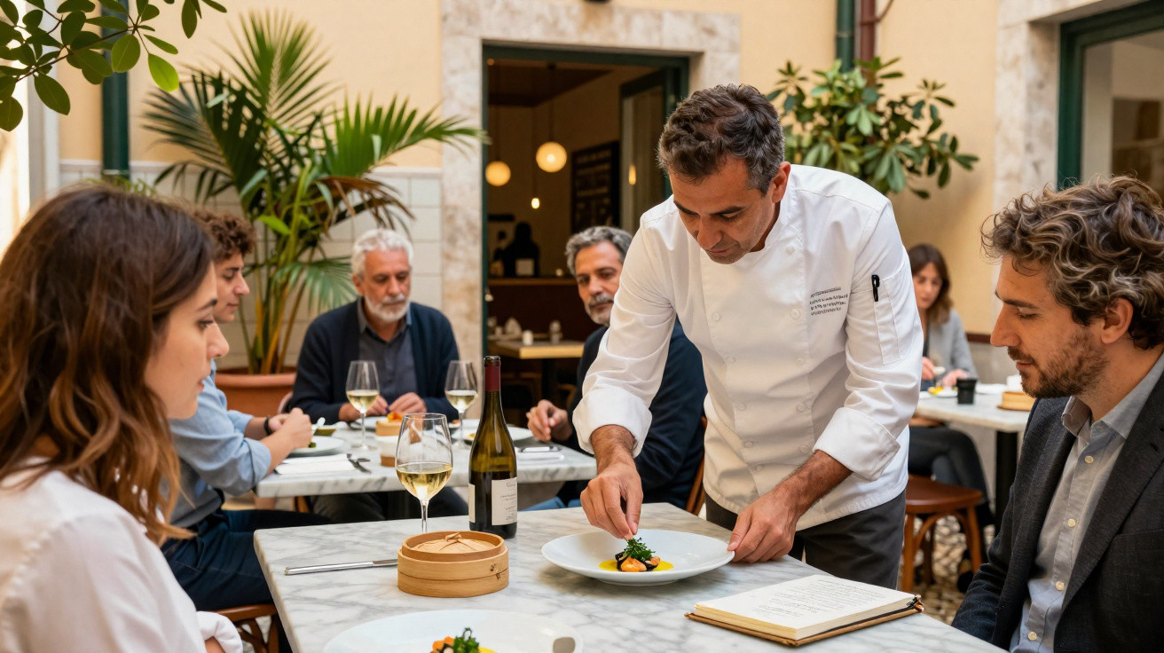 Chef a servir prato gourmet numa esplanada elegante com clientes sentados à mesa a observar.