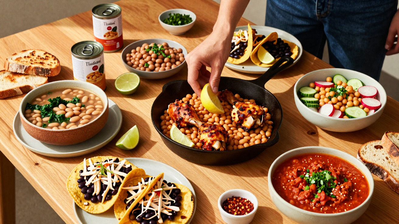 Mesa com várias refeições com feijão, tacos, legumes, coxa de frango e molhos, com uma mão a servir.