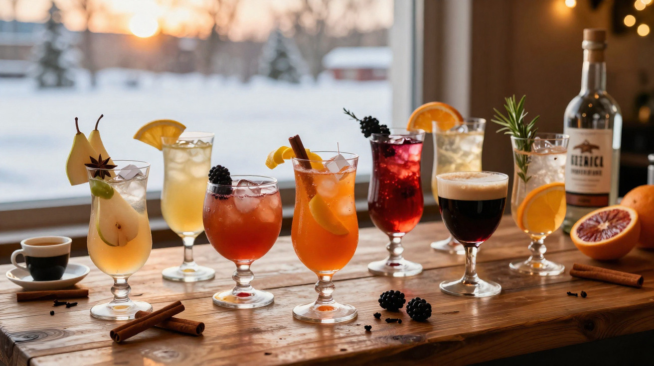Vários copos com cocktails coloridos e cafés numa mesa de madeira perto de uma janela com paisagem nevada.