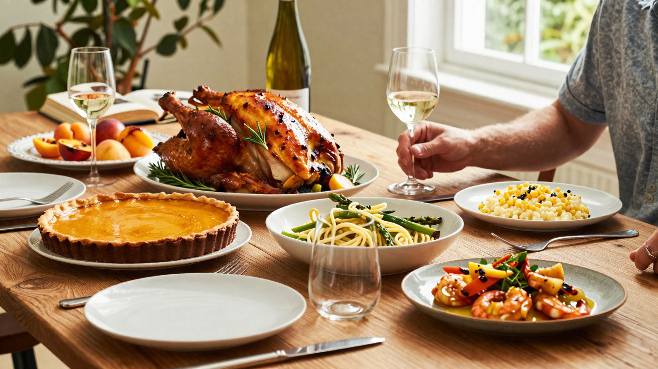 Mesa com refeições variadas, incluindo peru assado, massa, legumes, camarão e uma tarte, com duas pessoas a comer e vinho bra