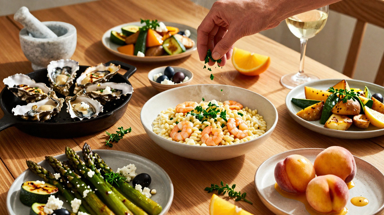 Vista superior de mesa com pratos variados, incluindo massa com camarão, ostras e frutas frescas.