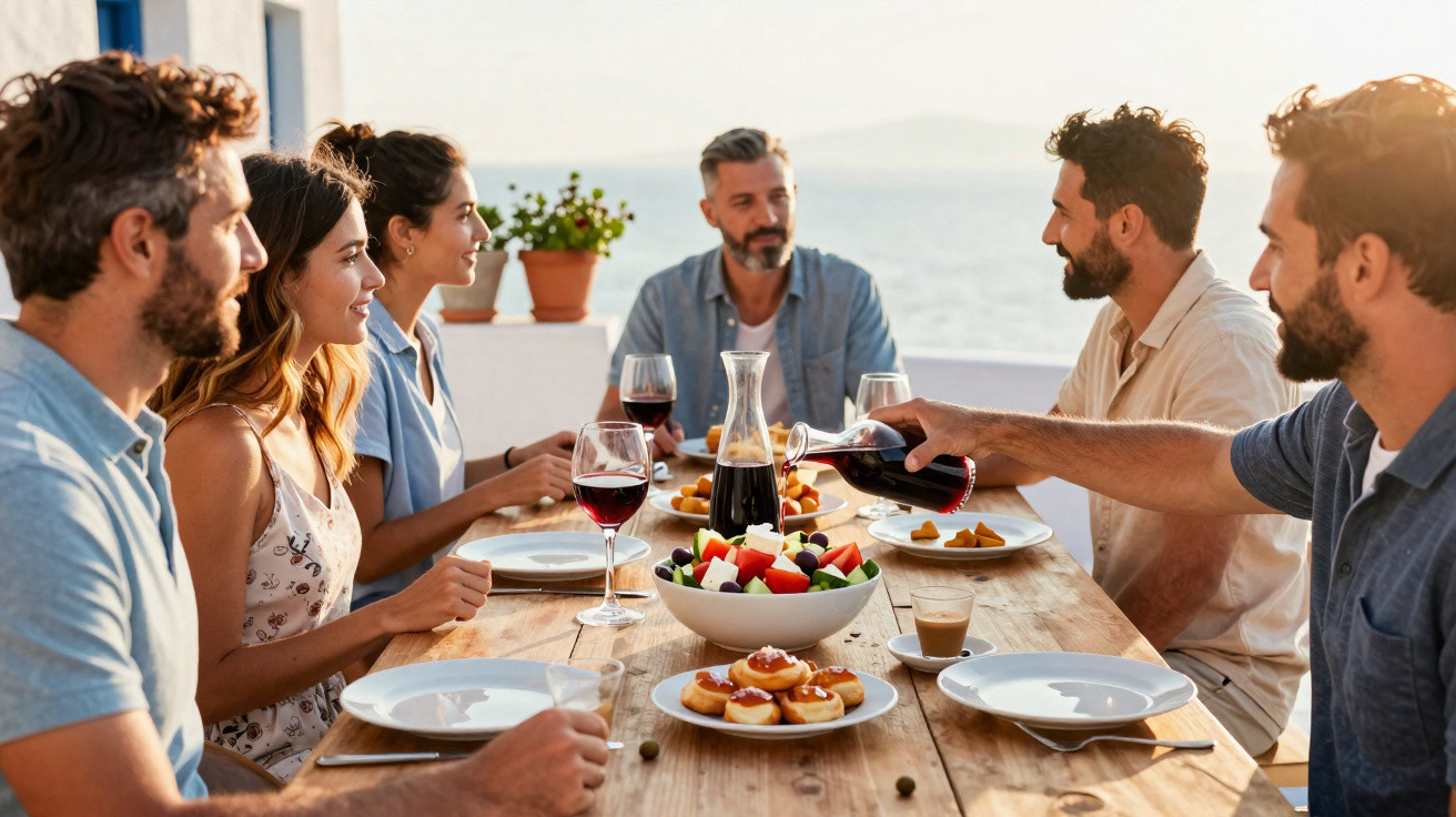 Grupo de amigos a brindar com copos de vinho numa mesa de madeira com comida e vista para o mar.