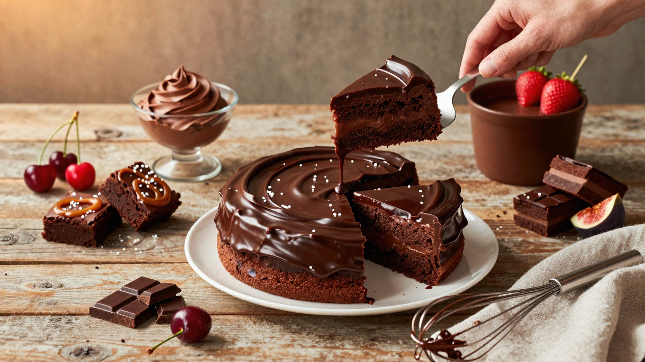 Bolo de chocolate coberto com ganache e morango, fatia a ser retirada, com brownies, chantilly e frutas à volta.