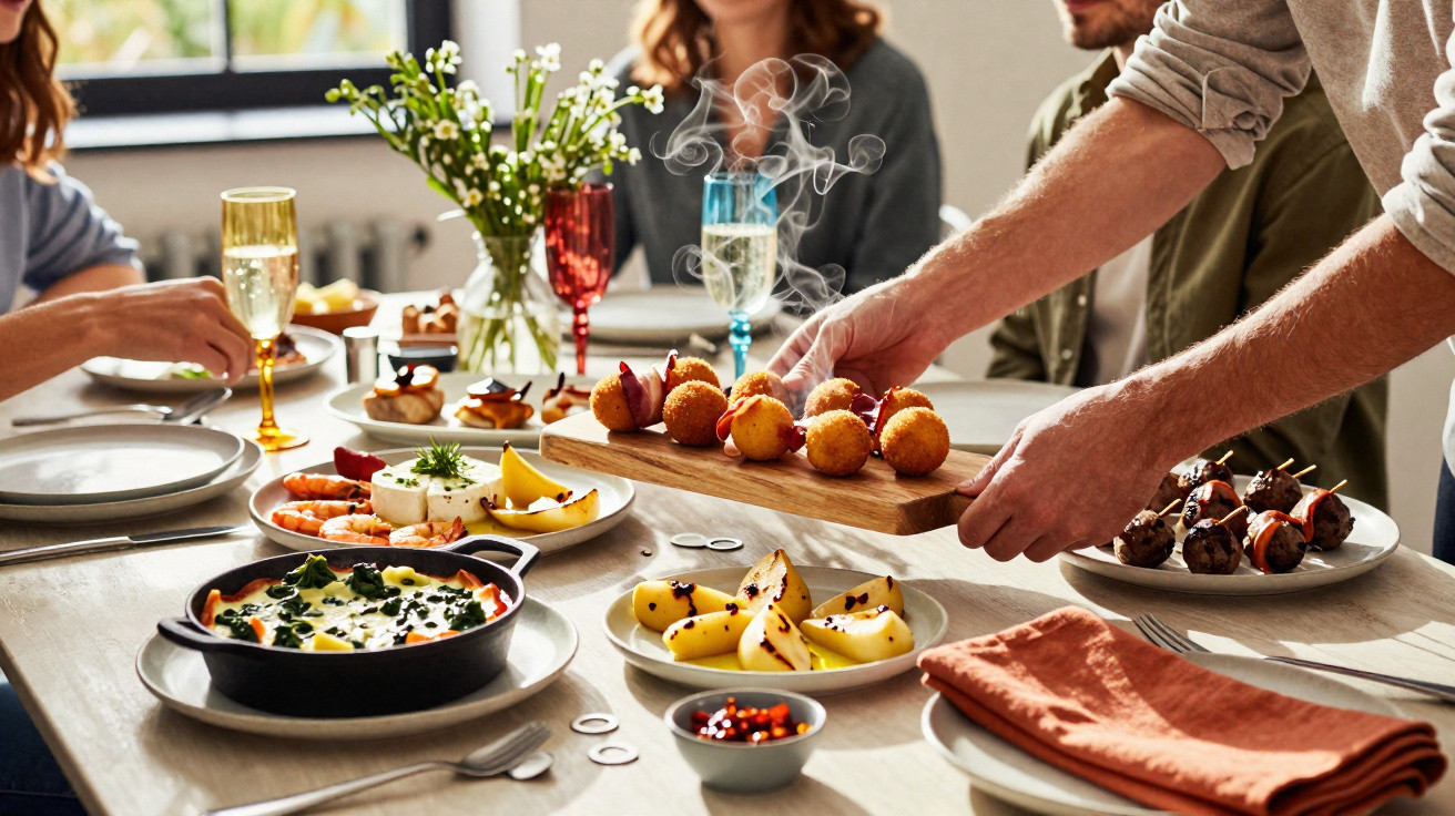 Mãos a servir tábuas com bolinhos quentes e pratos variados num jantar com amigos à mesa.