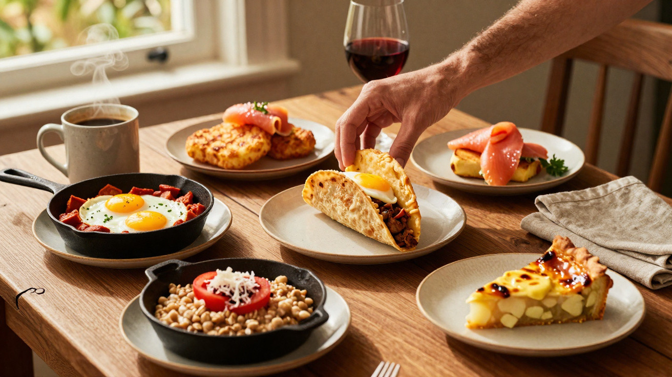Mesa de madeira com pratos variados, incluindo ovos, taco, queijo, batatas e um copo de vinho tinto.
