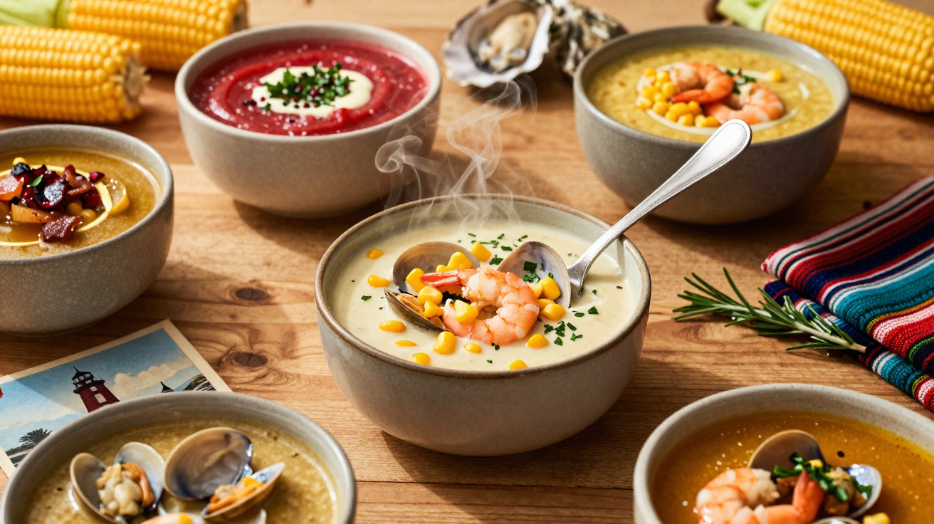 Quatro tigelas com diferentes sopas decoradas com ingredientes variados sobre uma mesa de madeira.
