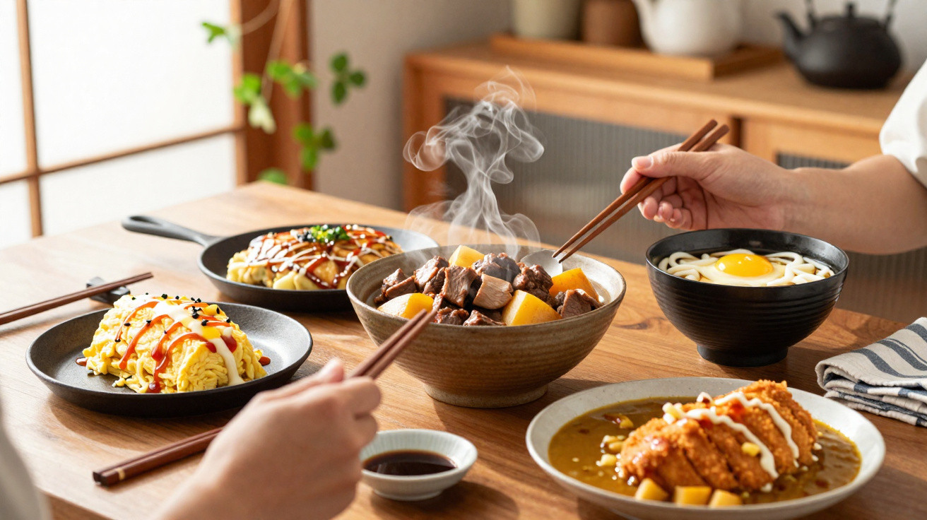 Mesa com pratos japoneses variados, incluindo omelete, sopa, prato com carne e legumes, e prato frito com molho.