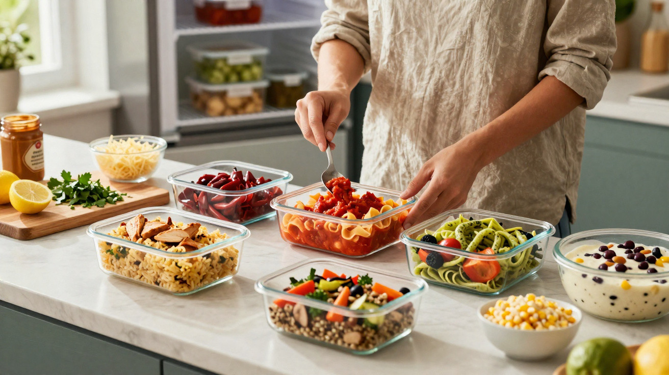 Pessoa a preparar refeições em recipientes de vidro na cozinha com vários alimentos variados.