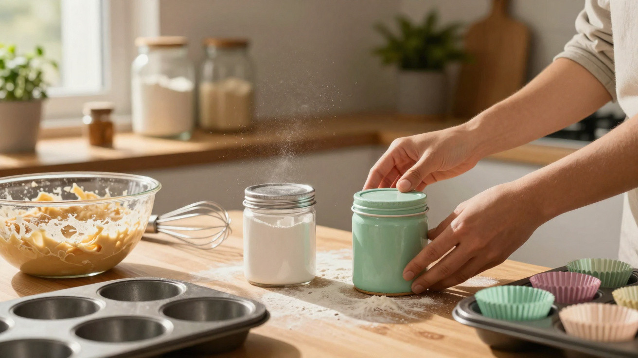Pessoa na cozinha a preparar ingredientes para bolos com forminhas coloridas e utensílios sobre mesa de madeira.