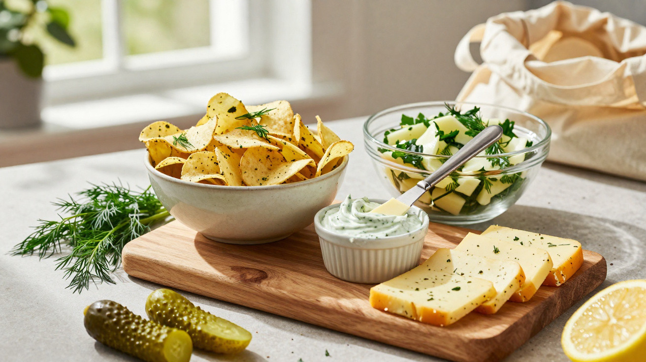 Tábua com batatas fritas, queijo, molho, pepino, limão e ervas frescas numa cozinha iluminada.