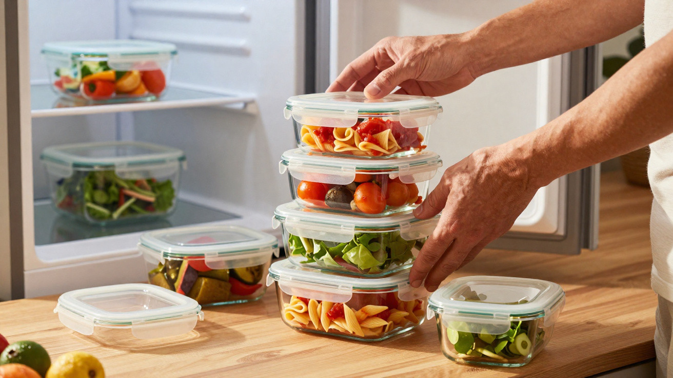 Mãos a organizar recipientes de vidro com alimentos saudáveis perto de frigorífico aberto numa cozinha.