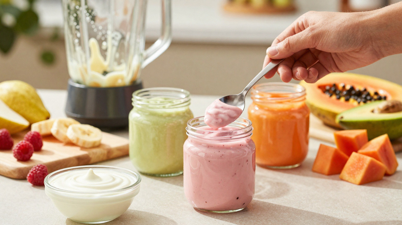 Frascos com iogurtes coloridos, frutas frescas e uma mão a colher iogurte rosa numa cozinha.