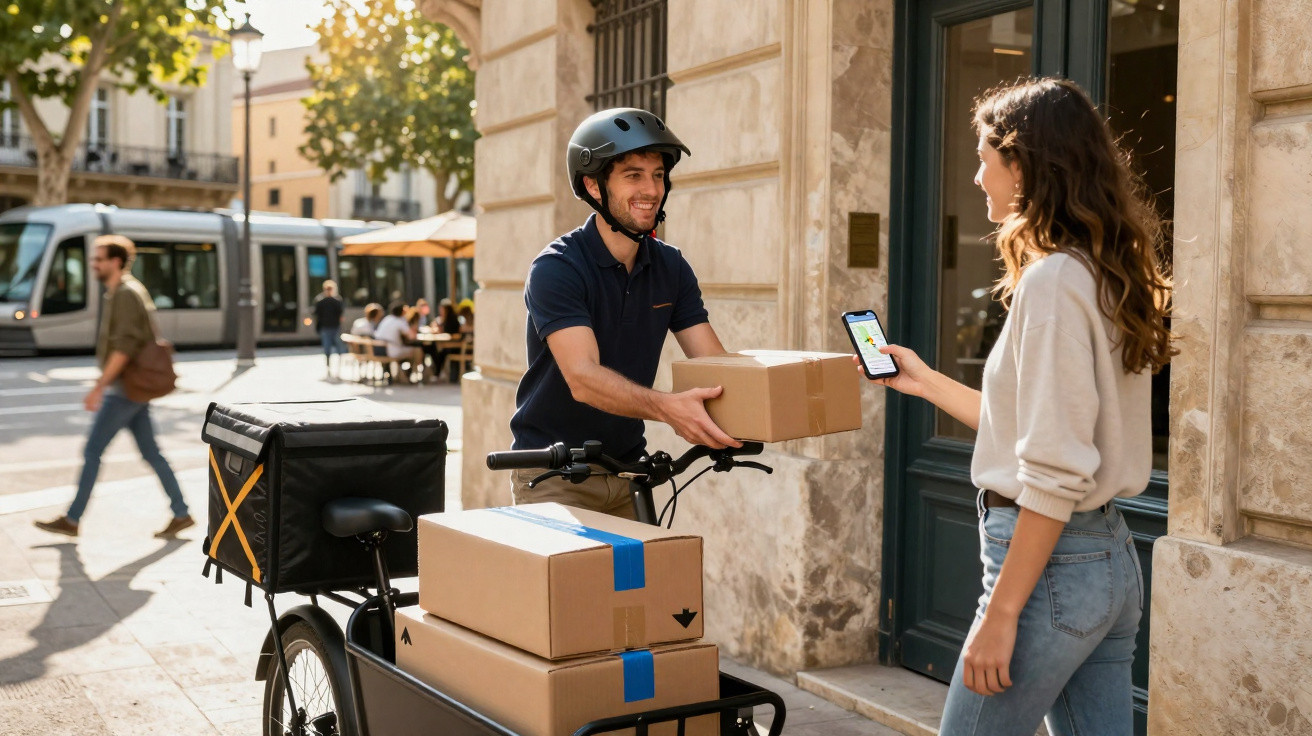 Entregador de bicicleta a entregar encomenda a mulher que verifica rota no telemóvel numa rua urbana.