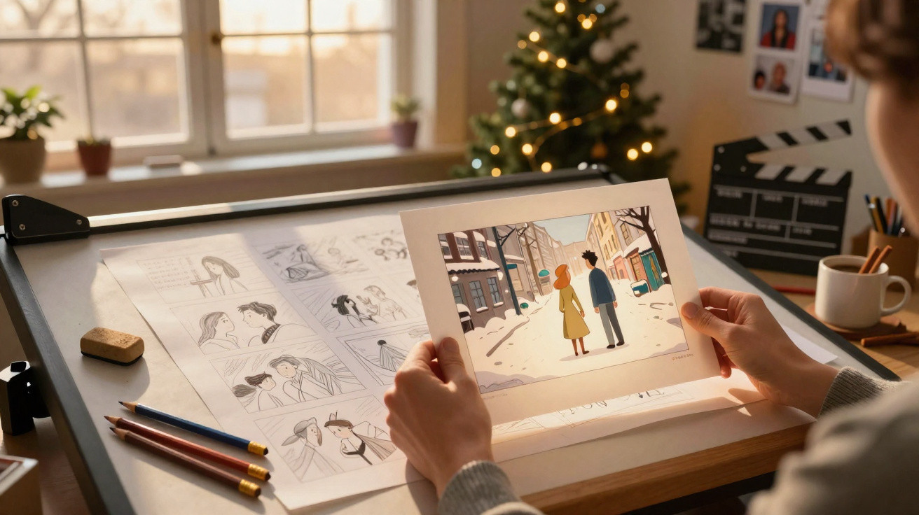Pessoa a segurar ilustração de duas figuras numa rua com neve, luzes de Natal e árvore iluminada.