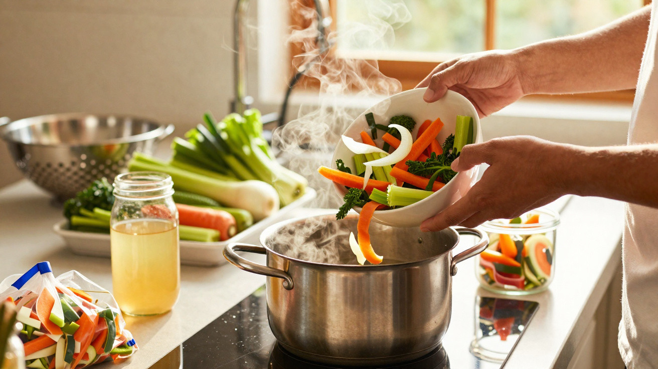 Pessoa a cozinhar legumes frescos numa panela a vapor numa cozinha iluminada pela janela.