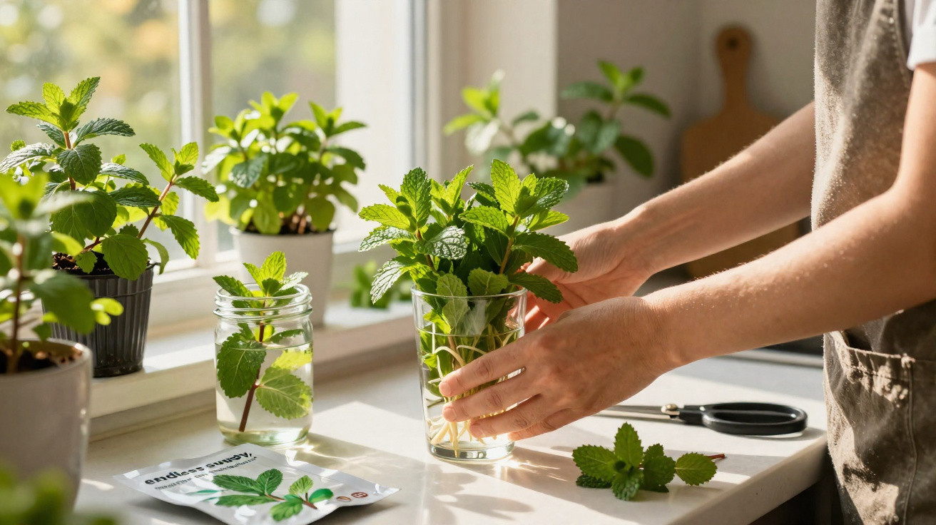 Pessoa a cuidar de plantas aromáticas em frascos de vidro numa janela iluminada por luz natural.