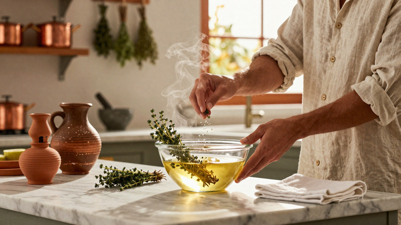 Pessoa tempera infusão com ervas frescas numa tigela de vidro numa cozinha luminosa e acolhedora.