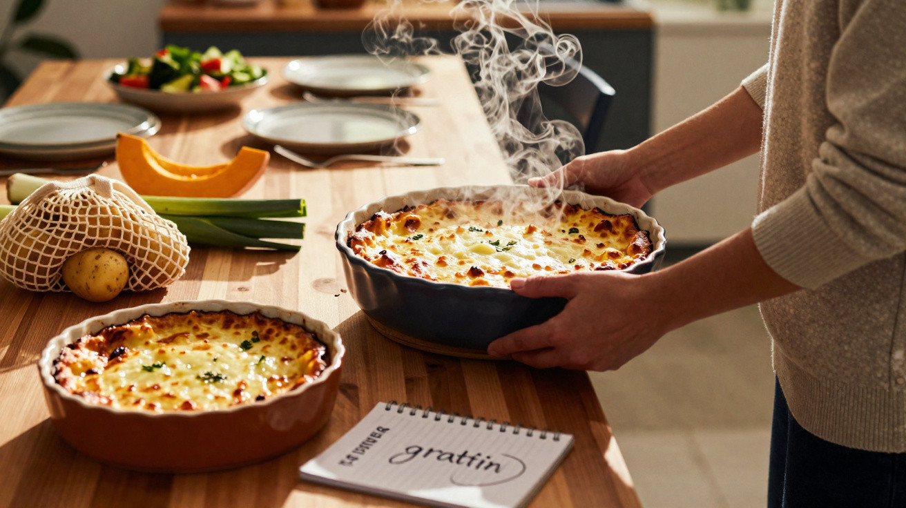 Pessoa a tirar do forno um prato de lasanha fumegante numa cozinha acolhedora com outros alimentos na mesa.