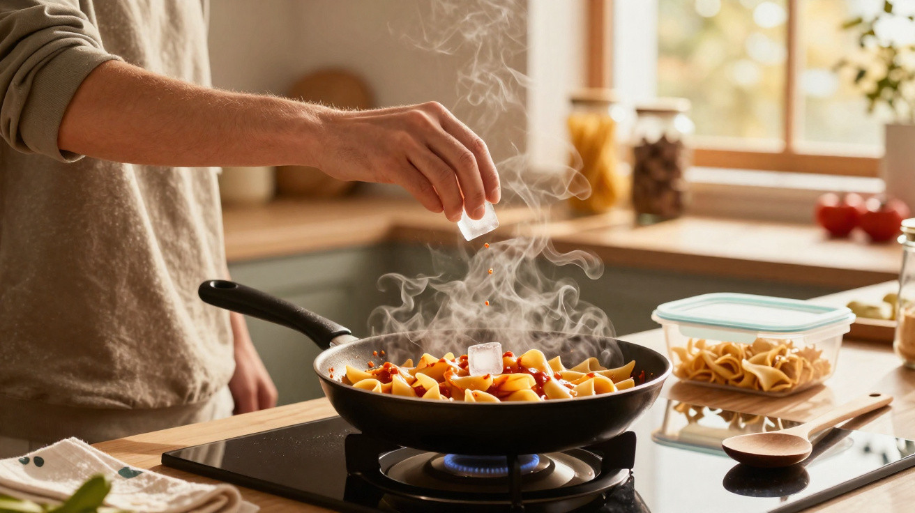 Pessoa a temperar massa com molho numa frigideira quente numa cozinha iluminada.