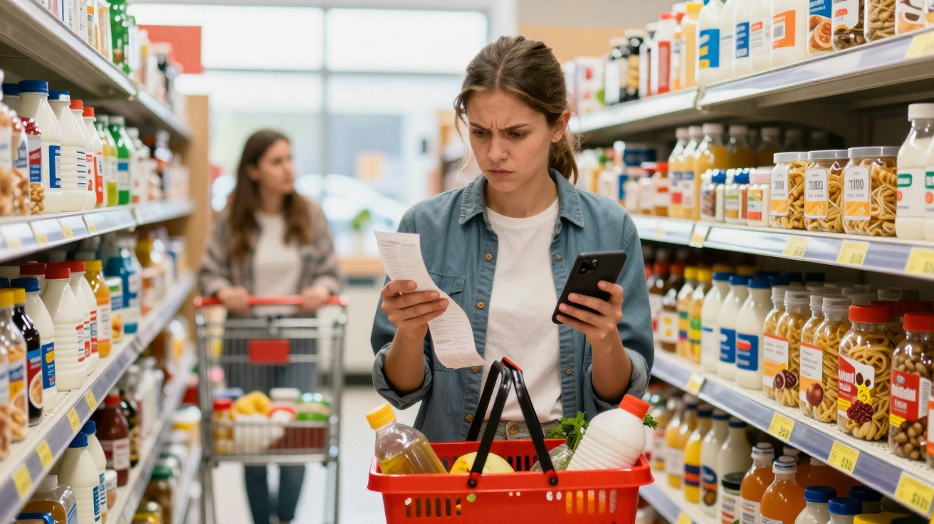 Mulher no supermercado segura cesto, consulta lista de compras e telemóvel com expressão preocupada.