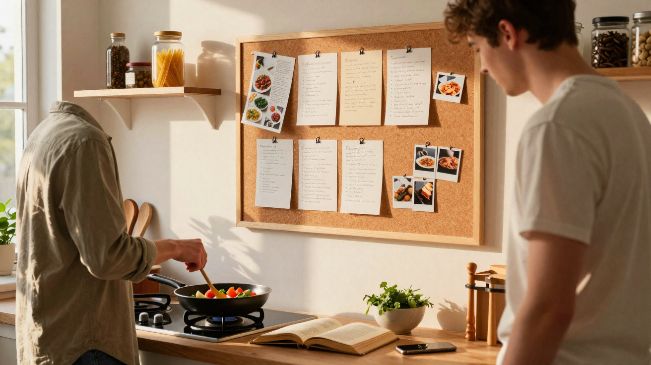 Jovem a cozinhar legumes numa cozinha iluminada, com notas de receitas num quadro de cortiça à sua frente.